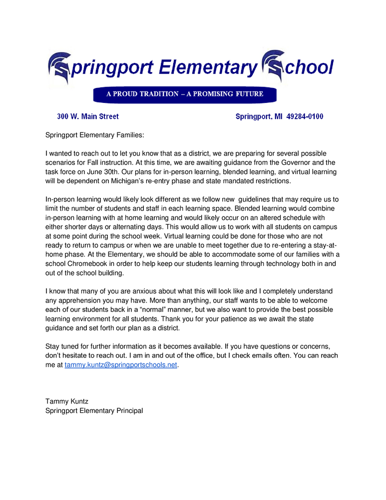 Principal Kuntz letter to families